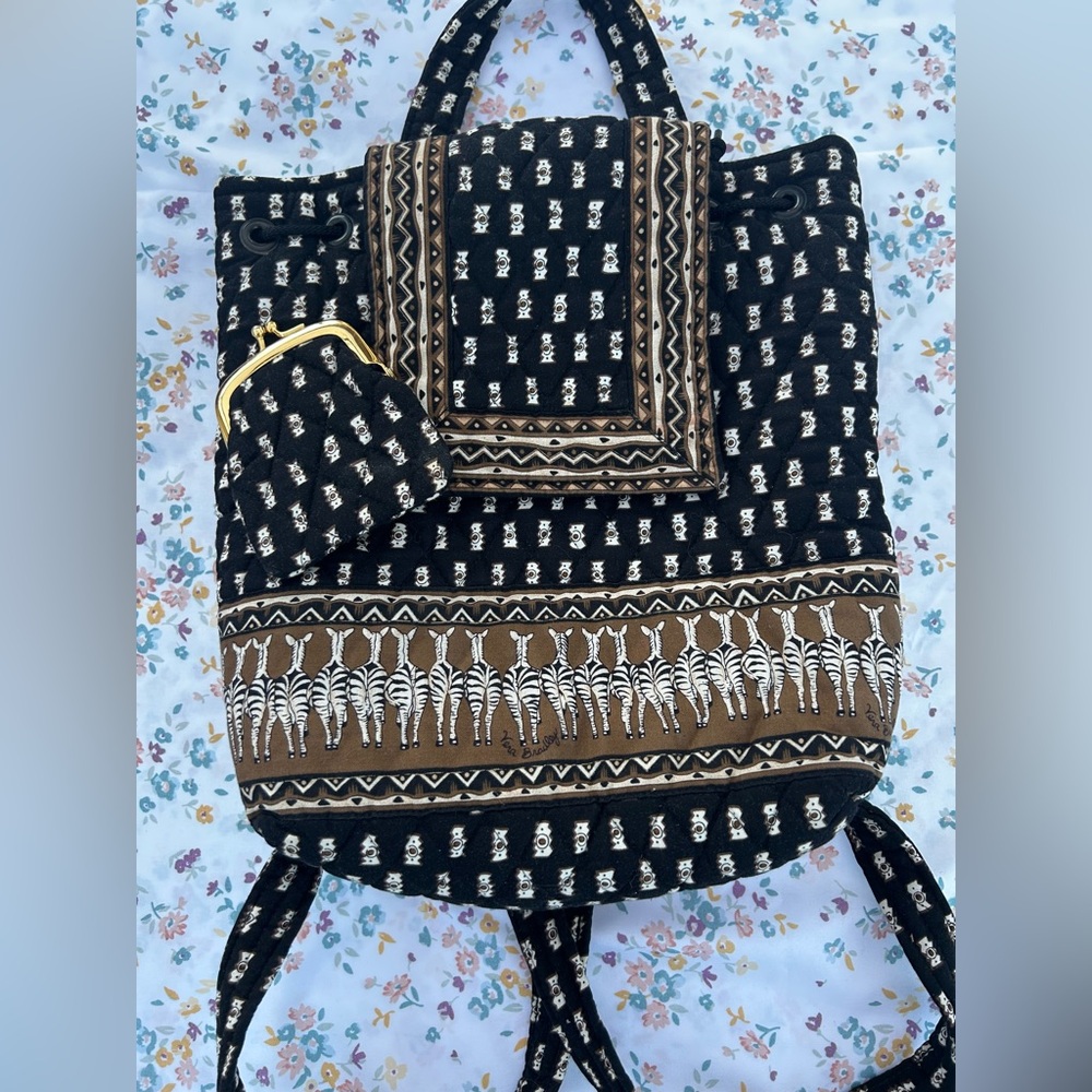 Vera Bradley Black & Tan Backpack w Zebras and Matching Coin Purse